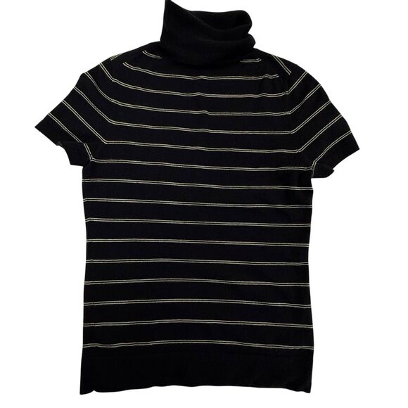 Theory 100% Cashmere Short Sleeve Turtleneck Sweater Medium Navy Blue Stripe - Picture 1 of 9